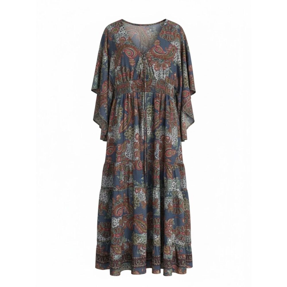 Boemo Blue and Red Paisley Long Sleeve Maxi Dress